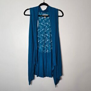 Decree Teal Blue Lace Back Open Front Sleeveless‎ Vest Cardigan Size Large